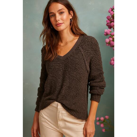 Free People Brown Chenille Knit V-Neck Sweater Women’s Size S Boho Cozy Textured - Picture 1 of 9